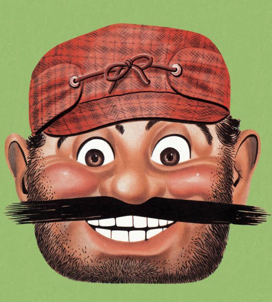 ilustraciones, imágenes clip art, dibujos animados e iconos de stock de hunter con bigote - color image colored background close up human face