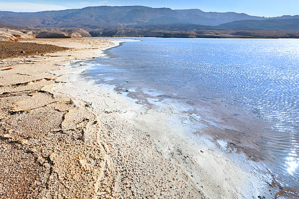 Lake Assal is a crater lake in cerntral-western Djibouti. Fragment of shore surface covered with salt. Dead lake. 