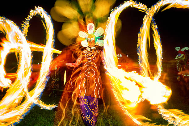 Edinburgh, UK - May 1, 2015: Performers dance with flaming poi and fire sticks during the 2015 Beltane Fire Festival on Calton Hill in Edinburgh.