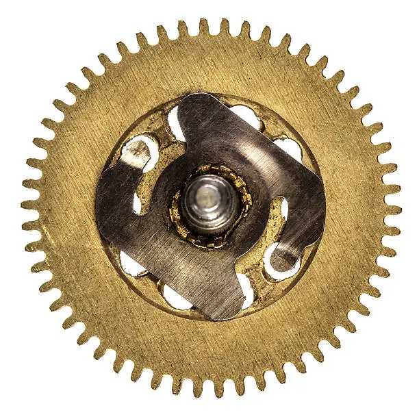 Photo of Pinion of old clock mechanism, isolated on white background