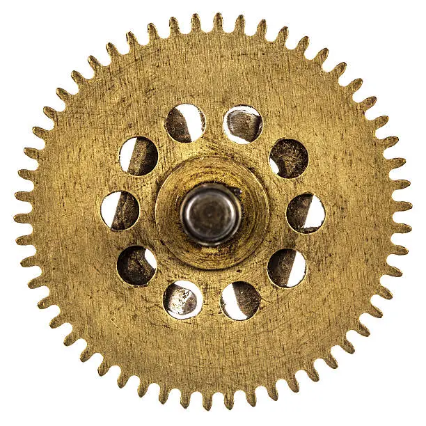 Photo of Pinion of old clock mechanism, isolated on white background