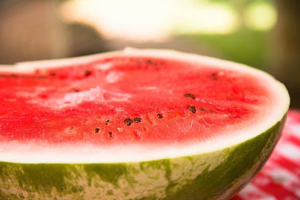 istock Close-up sliced watermelon outdoors on picnic table. Summer. 472923332