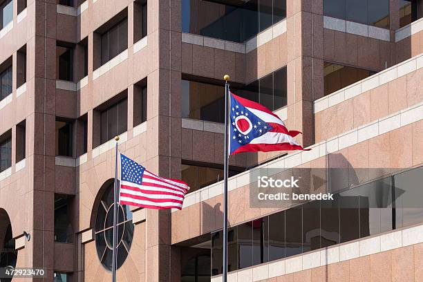 Columbus Ohio Office Building With Usa And Ohio Flag Stock Photo - Download Image Now