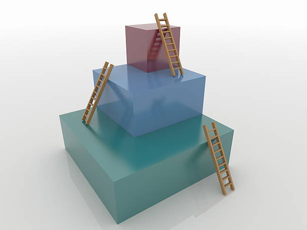 Três cubos 3D com escadas, objetivo conceito  - foto de acervo