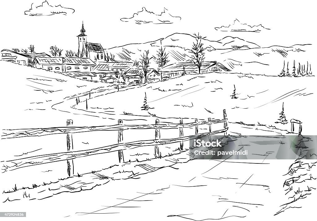 2015-27-4-village popd mountains vector - village Golling an der Salzach - Torren, under the foot of the mountains Alpy , Europe,Austria Pencil Drawing stock vector