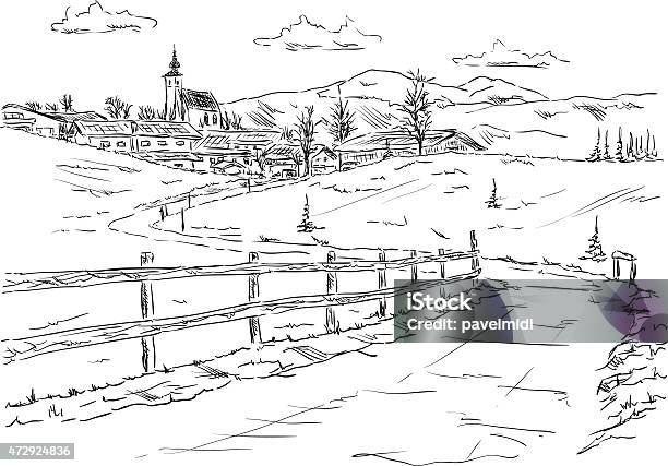 2015274village Popd Mountains Stock Illustration - Download Image Now - Pencil Drawing, Landscape - Scenery, Scenics - Nature