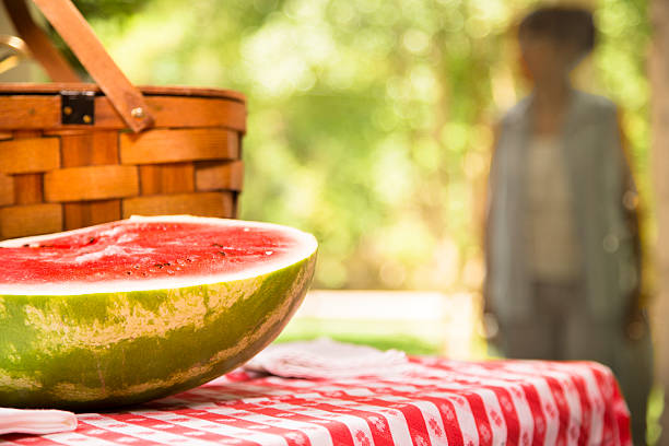 スライススイカ屋外でのピクニックテーブルを配しております。夏ます。バスケットます。 - picnic watermelon tablecloth picnic table ストックフォトと画像