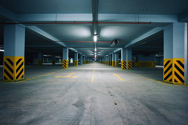 Empty Underground Parking Garage stock photo