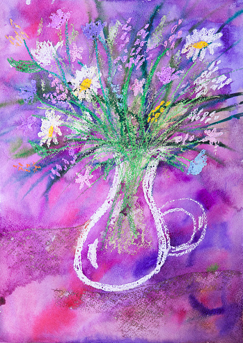 Child's watercolour and pastel picture of spring flowers