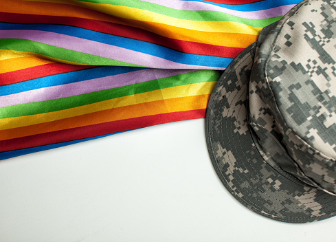 Rainbow colored fabric with army cap.