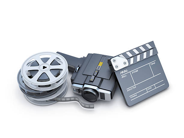 istock Retro movie camera clapper board and film reel 472949512