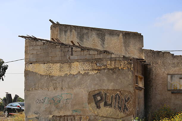istock Destroyed house with graffiti. Nearby a new car. 472953000
