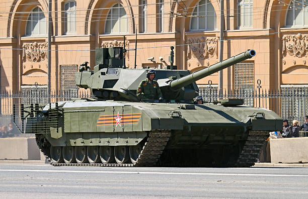 Moscow, Russia - May 7, 2015: New Russian battle tank T-14 Armata in military parade rehearsal on the city street