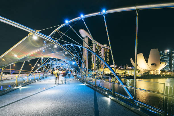 Singapore, Singapore - December 12, 2014: Night view of the pedestrian Helix Bridge, a structure of glass and stainless steel leading to the Marina Bay Sands Hotel.