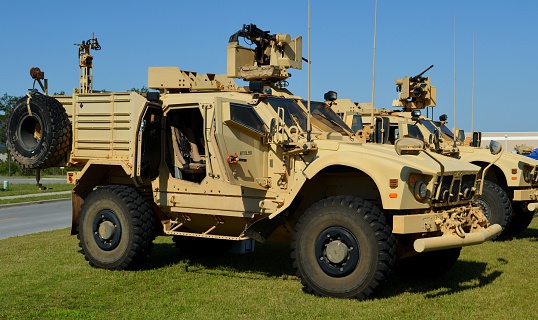 Crestview, USA - May 5, 2015: The Oshkosh Mine-Resistant Ambush Protected (MRAP) truck is used by the U.S. military for troop transportation, most notably in Iraq and Afghanistan. This MRAP is used by the U.S. Army Special Forces. 