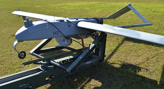 Crestview, USA - May 5, 2015: An RQ-7 Shadow military drone/unmanned plane/UAS/UAV. The RQ-7 Shadow is used by the military for surveillance, reconnaissance, and intelligence. This drone is used by the U.S. Army Special Forces. 