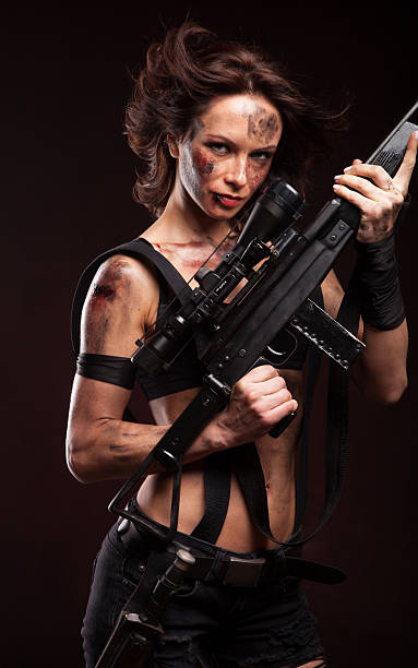 istock Sexy woman with military, riot uniform in studio 472964102