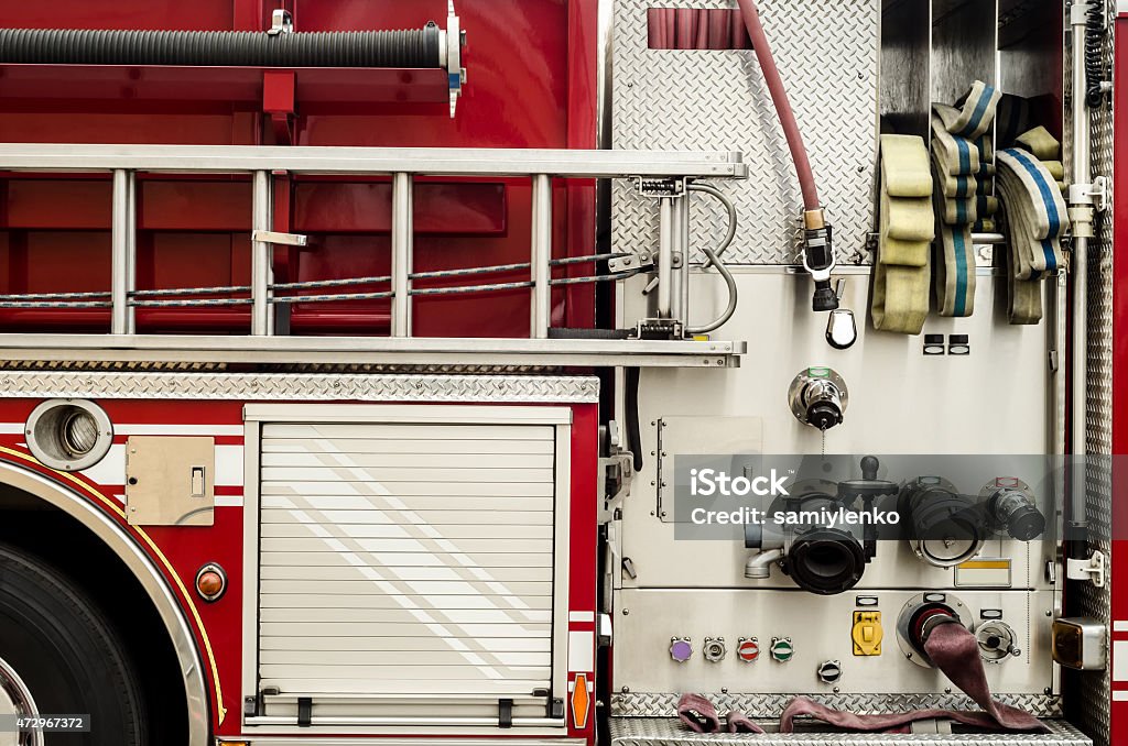 Firetruck equipment Complex pumping and valve controls on a firetruck 2015 Stock Photo