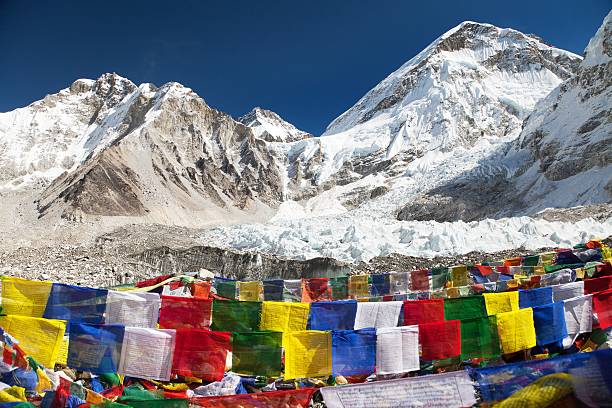 istock Mount Everest base camp with rows of buddhist prayer flags 472970390