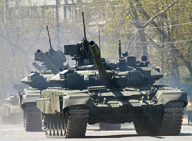 Russian T-90 tanks in military parade rehearsal on the Moscow street