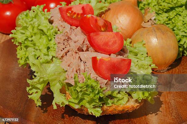 Fish Rolls With Tuna Fillet Garnished With Lettuce Stock Photo - Download Image Now - 2015, Appetizer, Baguette