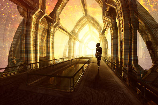 istock Woman walking on the space bridge, Universe, Energy 472980106