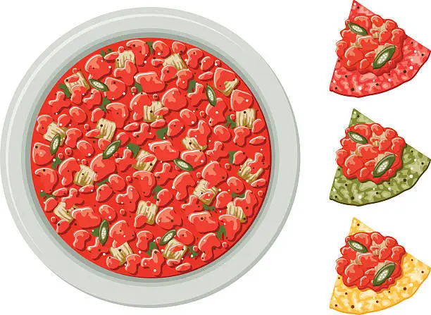 Vector illustration of Corn Tortilla Chips with Tomato Salsa Dip