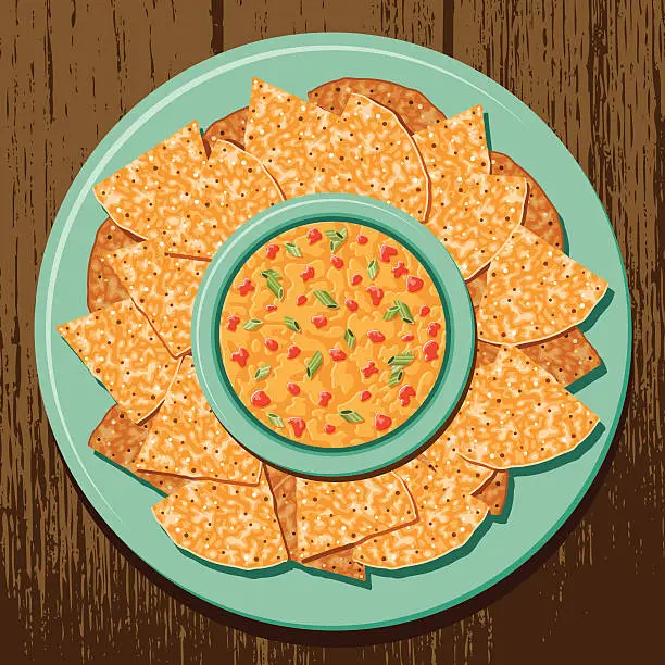 Vector illustration of Corn Tortilla Chips with Queso Dip