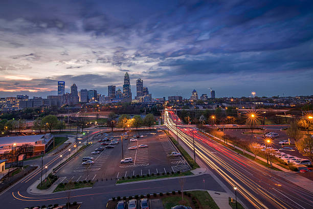 Rush hour during the blue hour in Charlotte, North Carolina overlooking the skyline. 