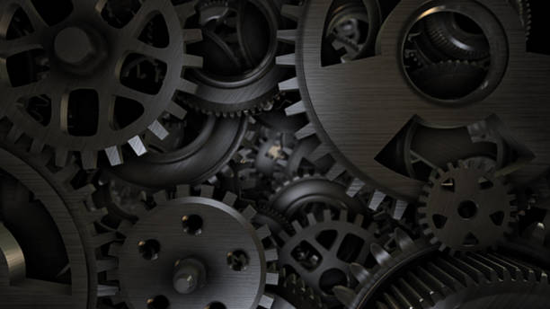 istock Big metal gears on glossy black background 472983084