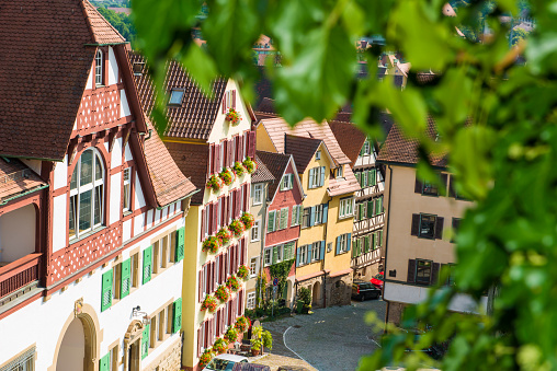 Looking down from the walls of the caste  Hohen-Tuebingen, Germany. Beautiful view into a medieval alley paved with cobblestone and a row of colorful half-timbered homes. The image is framed by green leaves. Horizontal orientation. The dimensions of the  high resolution DSLR photo are 7020 × 4685 px.