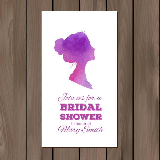 Bridal shower invitation with watercolor elements and profile silhouette of Bridal shower invitation with watercolor elements and profile silhouttes of man and woman. Card template on a wooden background. EPS 10 vector. Free fonts used - Nexa Rust, Alex Brush, Crimson shower women falling water human face stock illustrations