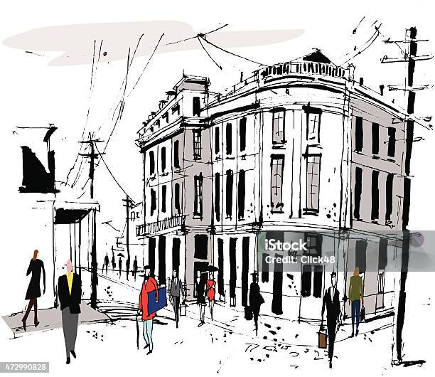 Vector Illustration Of Old French Buildings And Pedestrians Stock Illustration - Download Image Now