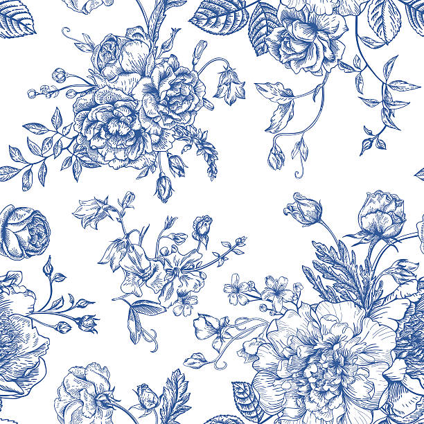 Seamless  pattern with bouquet of  flowers. Seamless vector vintage pattern with bouquet of blue flowers on a white background. Peonies, roses, sweet peas, bell. Monochrome. floral pattern stock illustrations