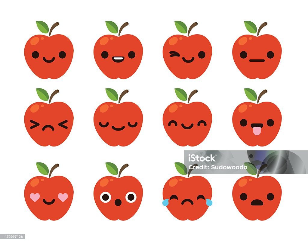 Cute apple emoticons Set of 12 modern flat emoticons: cute cartoon red apple with different emotions. Apple - Fruit stock vector