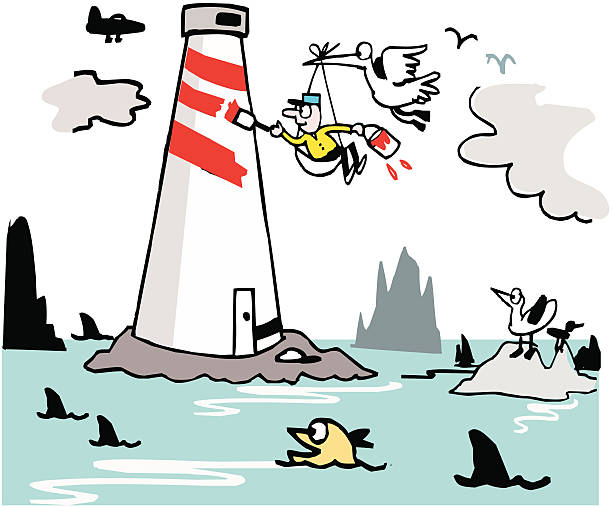 ilustraciones, imágenes clip art, dibujos animados e iconos de stock de vector de dibujos animados de hombre pintura stripes en el faro - perch rock lighthouse