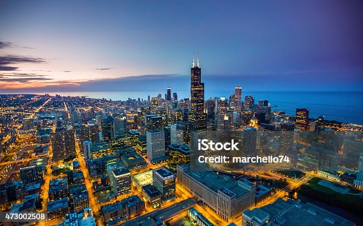 istock Chicago skyline aerial view at dusk 473002508