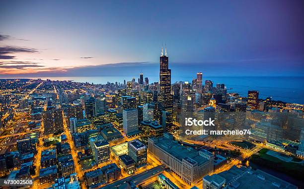 Chicago Skyline Aerial View At Dusk Stock Photo - Download Image Now - Chicago - Illinois, Urban Skyline, Night