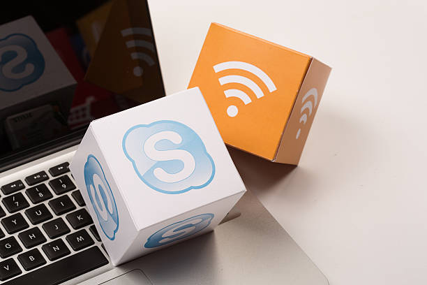 Skype Sakarya, Turkey - May 1, 2015: Paper cubes with Popular social media services icons. pinterest stock pictures, royalty-free photos & images