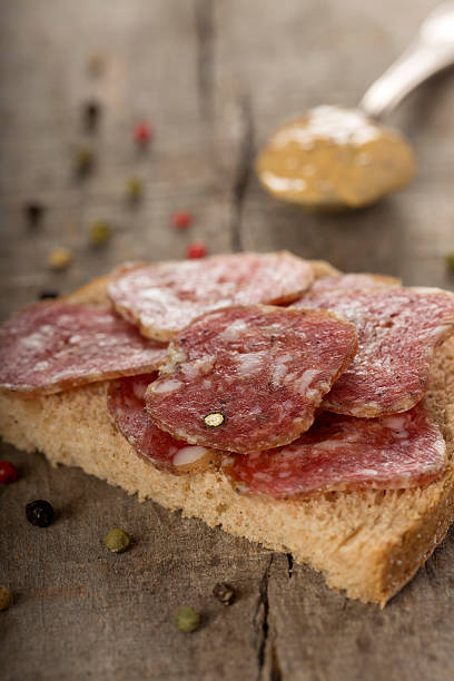 salami sandwich - fast food italian culture studio shot macro photos et images de collection