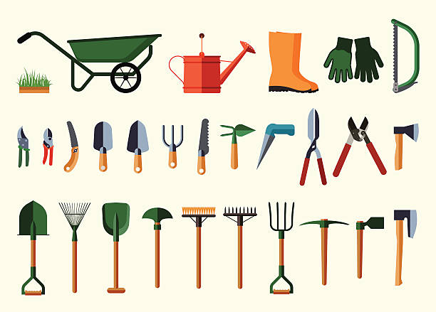 ilustraciones, imágenes clip art, dibujos animados e iconos de stock de conjunto de diversos elementos de jardinería. - rastrillo artículos de jardín