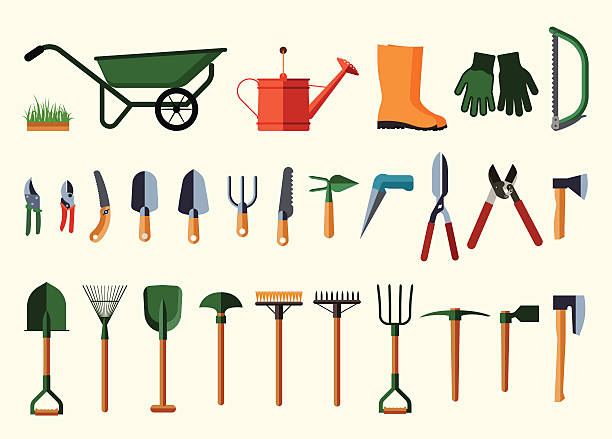 Set of various gardening items. Garden tools. Flat design illustration of items for gardening. Vector illustration. garden fork stock illustrations