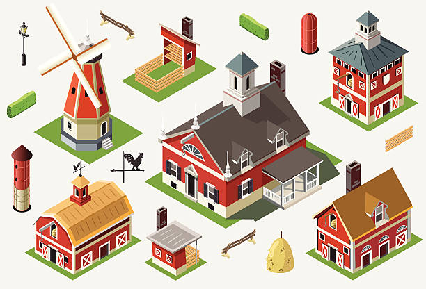 illustrazioni stock, clip art, cartoni animati e icone di tendenza di isometrica great american barn set icone - vermont farm dairy farm agricultural building