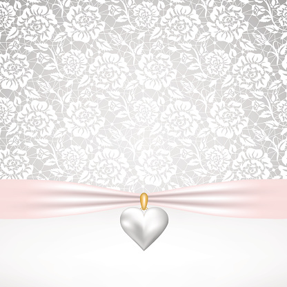 Template for wedding, invitation or greeting card with lace fabric background and pearl heart pendant