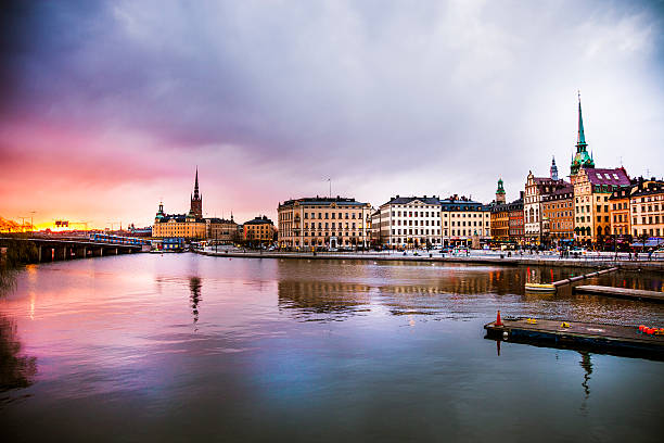 Stockholm, Sweden. Panorama of the old town and church Stockholm, Sweden. Panorama of the old town and church at dusk stockholm photos stock pictures, royalty-free photos & images