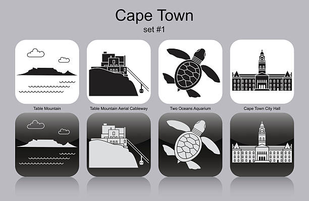 Icons of Cape Town Landmarks of Cape Town. Set of monochrome icons. Editable vector illustration. table mountain south africa stock illustrations