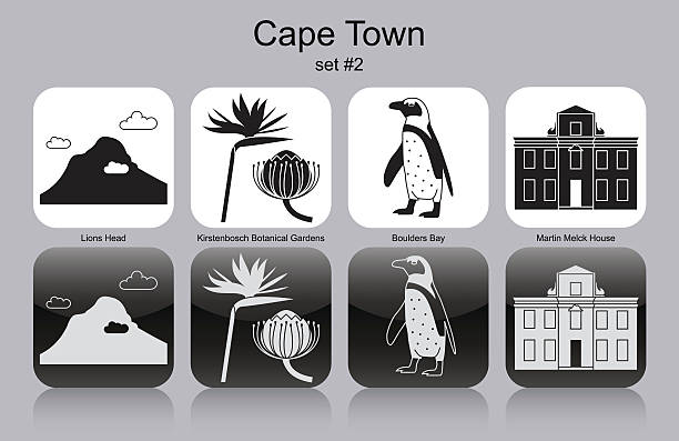 Icons of Cape Town Landmarks of Cape Town. Set of monochrome icons. Editable vector illustration. cape peninsula stock illustrations