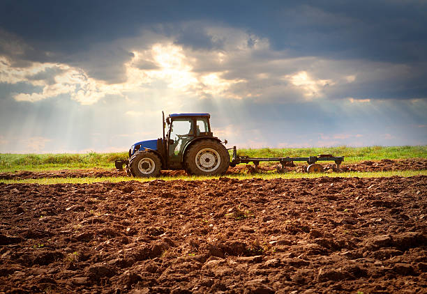 Tractor ploughing on the field in sunlight