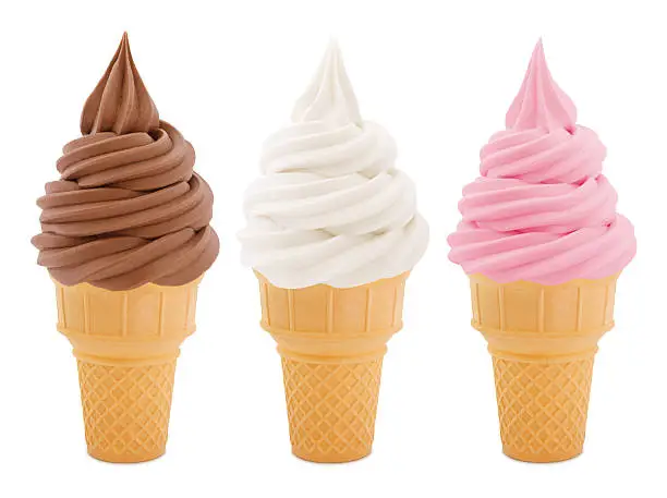 Neapolitan Soft Serve Ice Cream Cones collection - chocolate, vanilla and strawberry isolated on white
