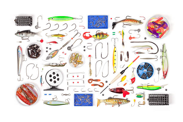 fishing tackle on white background fishing tackle on white background top view minnow fish photos stock pictures, royalty-free photos & images